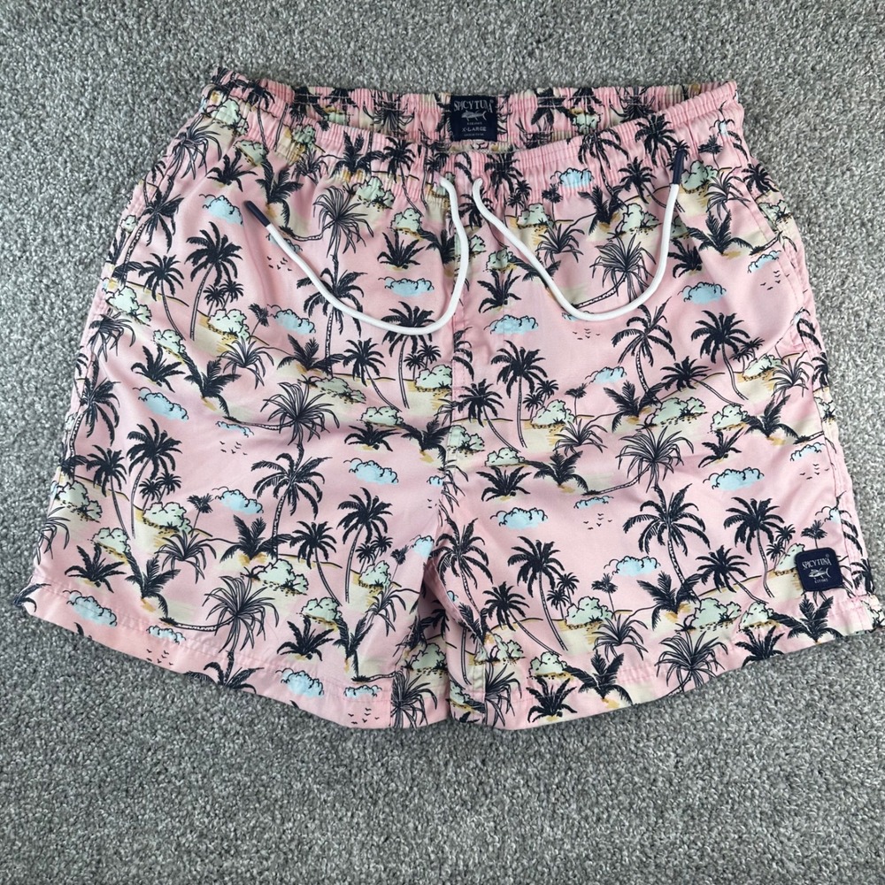 Spicy Tuna Swim Trunks Mens XL Pink Palm Tree Tropical Beach Mesh Lined Summer
